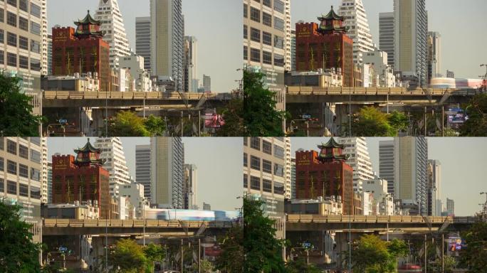 曼谷市中心交通街地铁线桥全景4k延时泰国