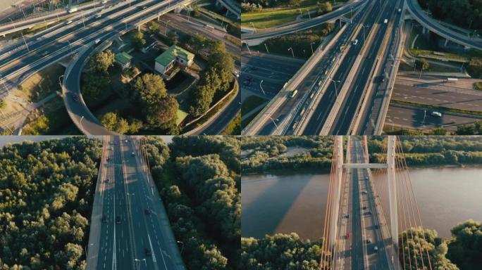 无人机在现代桥梁和高速公路上方飞行