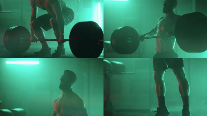 强壮的男人晚上在健身房独自锻炼，举重锻炼耐力和肌肉