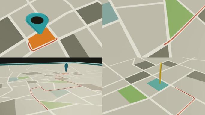带有动画红线的城市地图从城市中的一个点移动到另一个点。新区。