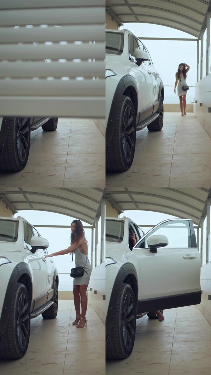 新车停在私人家庭车库里。穿着高跟鞋的有钱女商人进入汽车准备驾驶垂直视频
