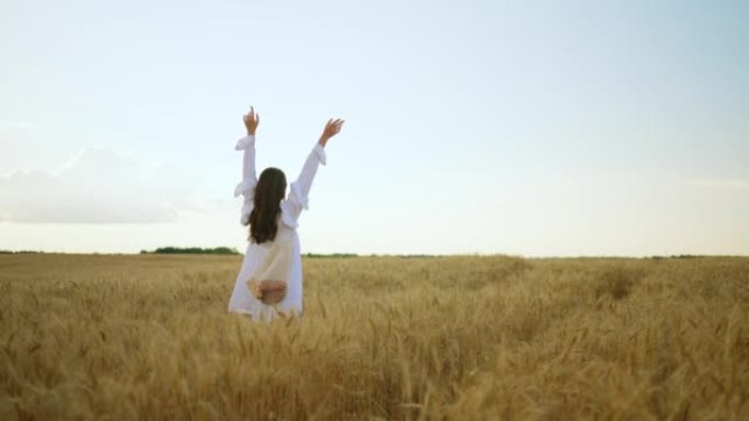 快乐的黑发女人在夏日走在黑麦田里，举起手来欣赏大自然的美丽