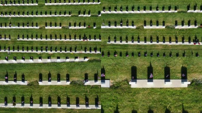 美国国旗下的无人机俯视墓碑