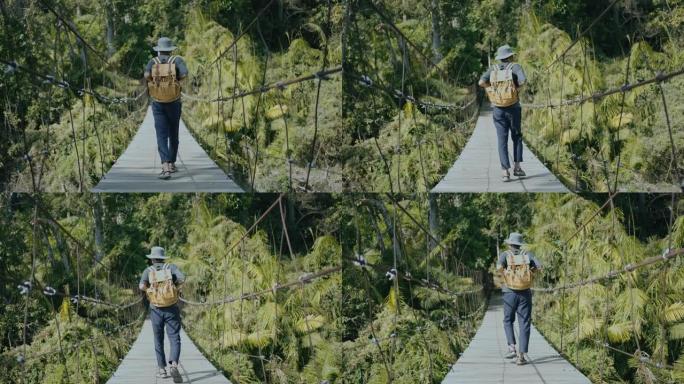 年轻的男性探险家在森林的绳桥上行走