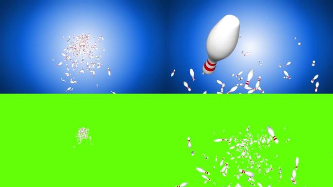 4K循环下落的保龄球瓶3D动画白色保龄球瓶填充屏幕背景。
