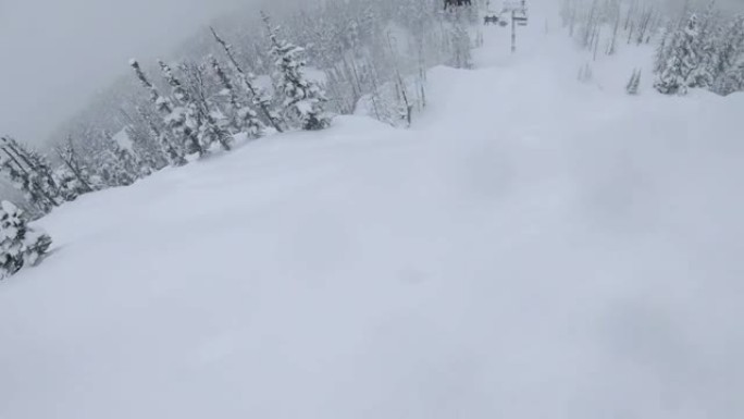 滑雪穿越粉雪的第一人称视角