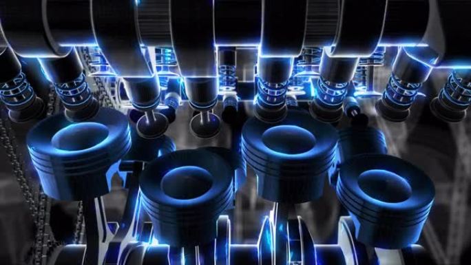 闪亮的铬V8发动机在慢动作中工作并产生动力。