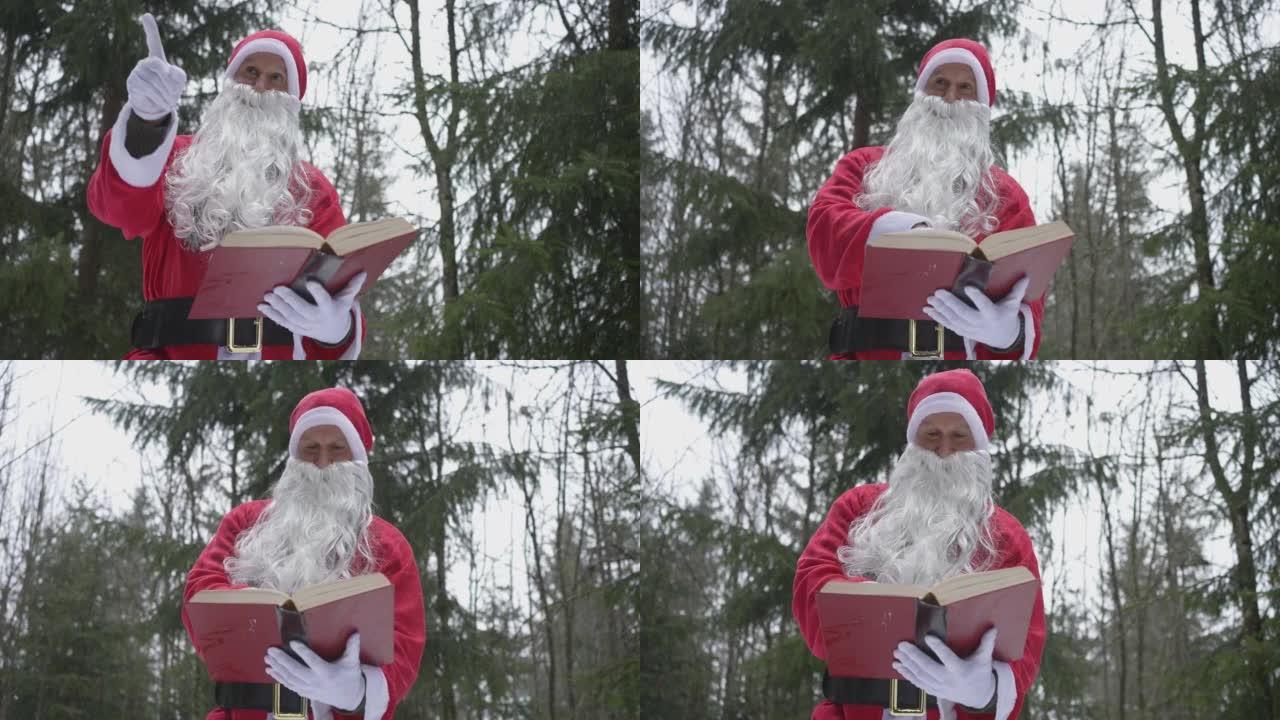 男人打扮成圣诞老人从森林里的红皮书中朗读