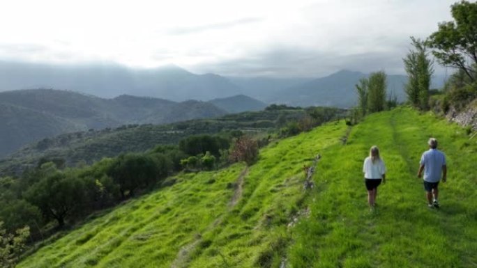 情侣走过青山草地的鸟瞰图