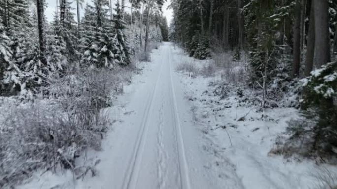 空中无人机拍摄了一名妇女在树林中沿雪道行走的镜头