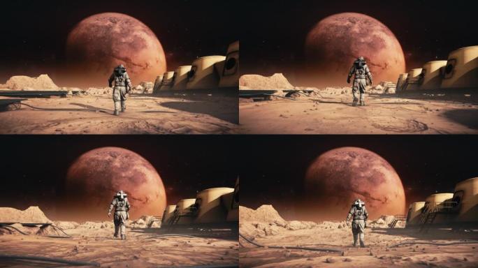 勇敢的宇航员穿着太空服自信地在太空星球上走向火星。空间站和火星探测器。被岩石覆盖的外星红色星球。