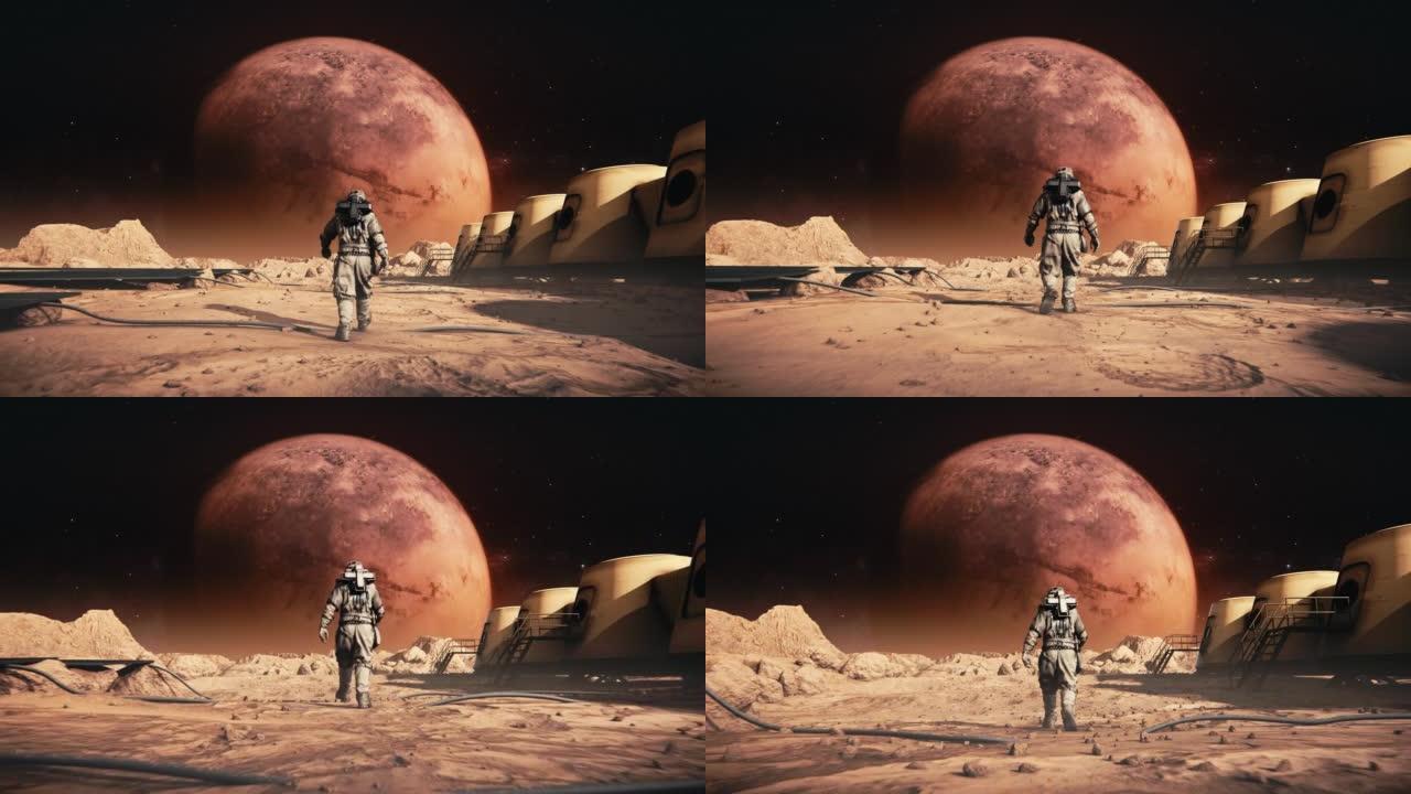 勇敢的宇航员穿着太空服自信地在太空星球上走向火星。空间站和火星探测器。被岩石覆盖的外星红色星球。