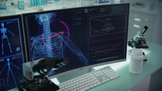 拥有计算机和显微镜的现代化实验室。带有动画人体模型的屏幕。扫描虚拟病人是否受伤。带红色市场的肩膀