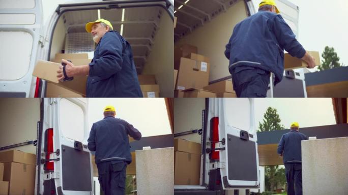 SLO MO高级送货员将包裹从货车中取出并走向房屋