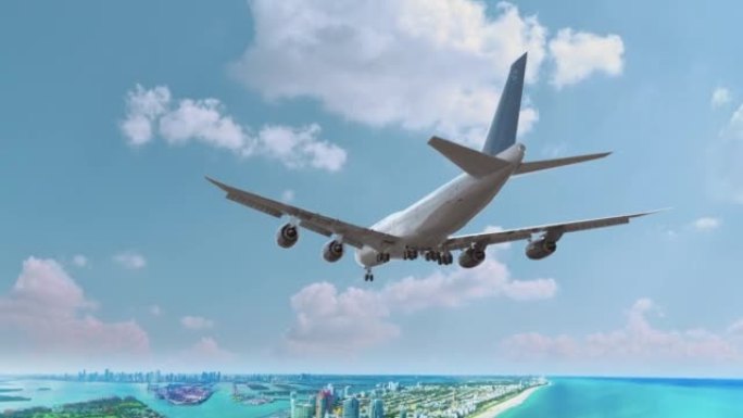 飞行和降落美国迈阿密的客机。飞机概念