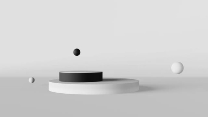 黑色讲台化妆品产品演示白色背景展示哑光飞行泡泡3d动画循环。Abstact最小场景设计构图浮动球体。