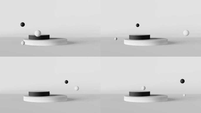 黑色讲台化妆品产品演示白色背景展示哑光飞行泡泡3d动画循环。Abstact最小场景设计构图浮动球体。