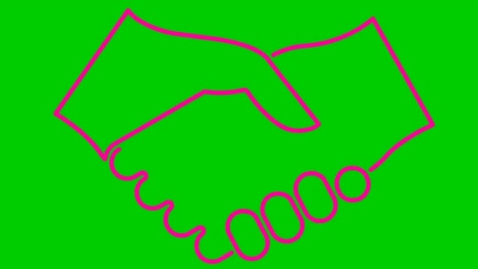动画粉色握手图标。交易、协议、伙伴关系的概念。孤立在绿色背景上的矢量线性插图。