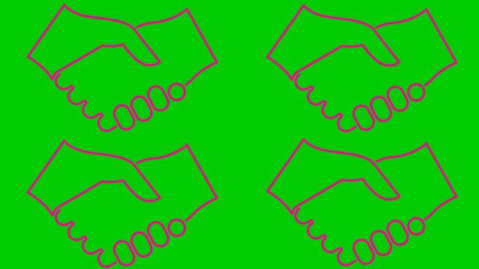 动画粉色握手图标。交易、协议、伙伴关系的概念。孤立在绿色背景上的矢量线性插图。