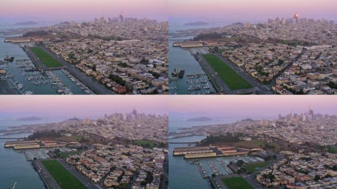 日落时分，加利福尼亚州旧金山的空中游艇港和码头区