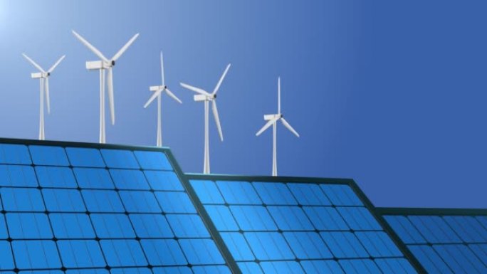 太阳能电池板和风力涡轮机螺旋桨循环动画背景