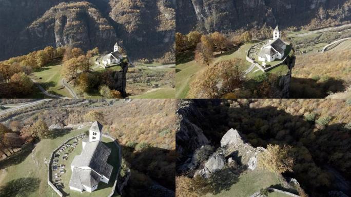 空中无人机拍摄了山上露头的小教堂