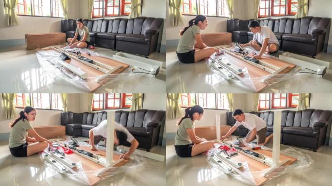 时间流逝，亚洲夫妇在家组装新家具。