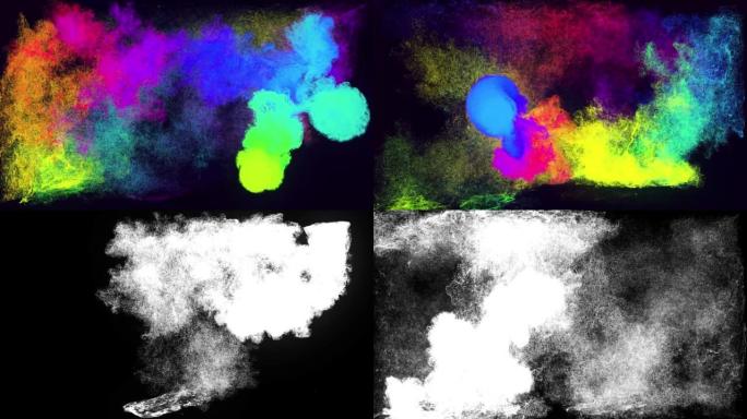 彩色粒子的发射器球在相机周围扫荡，留下发光粒子的漩涡。墨水效果。亮度哑光作为阿尔法通道。黑色背景上的