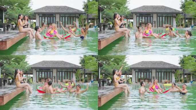 一群不同的朋友喝酒，一起举办泳池派对。迷人的年轻男女在私人别墅里闲逛，庆祝暑假享受阳光明媚的日子。