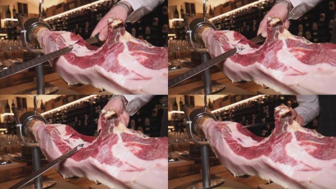 在酒吧切成薄片的肉的特写镜头