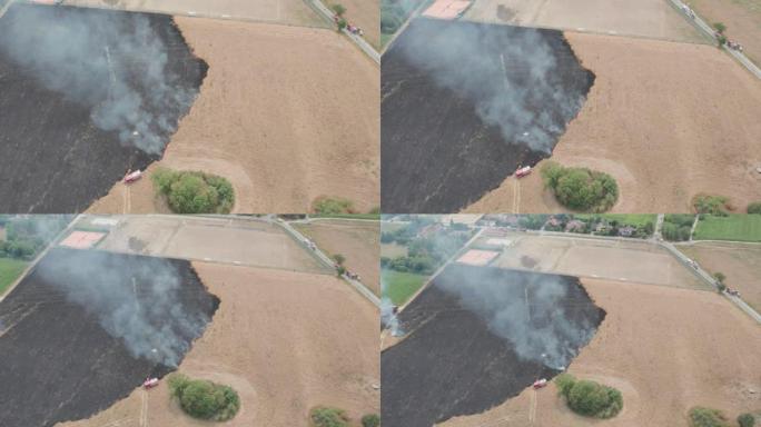 农作物田间火灾。一场庄稼着火后几乎熄灭了。直升机的鸟瞰图。棕灰色的烟雾和红色的小火焰。消防员的团队合
