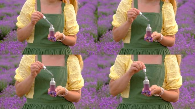 一个女人收集薰衣草花作为精油。选择性聚焦。自然。