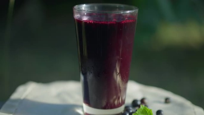黑醋栗汁的特写玻璃在阳光下在户外旋转。阳光夏日花园中健康的有机维生素饮料。