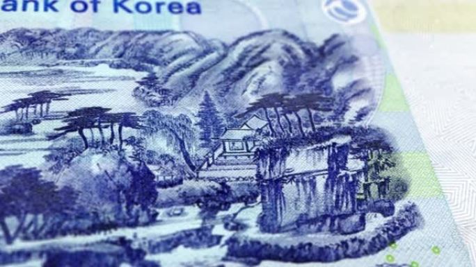 韩国，韩国1000纸币，1000韩元，韩国近景和宏观视图，跟踪和多利拍摄1000韩元纸币观察和储备面