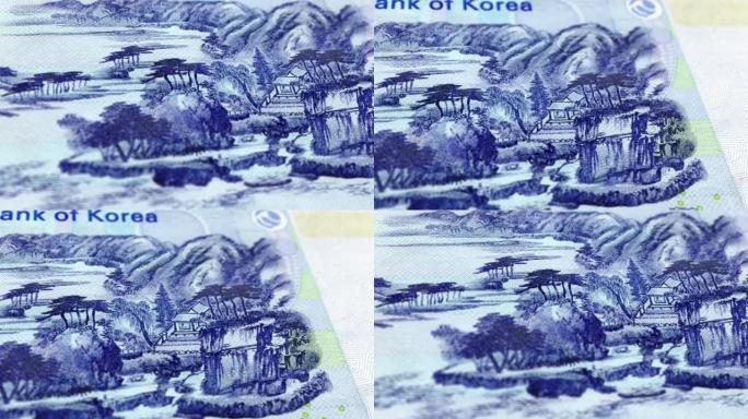 韩国，韩国1000纸币，1000韩元，韩国近景和宏观视图，跟踪和多利拍摄1000韩元纸币观察和储备面