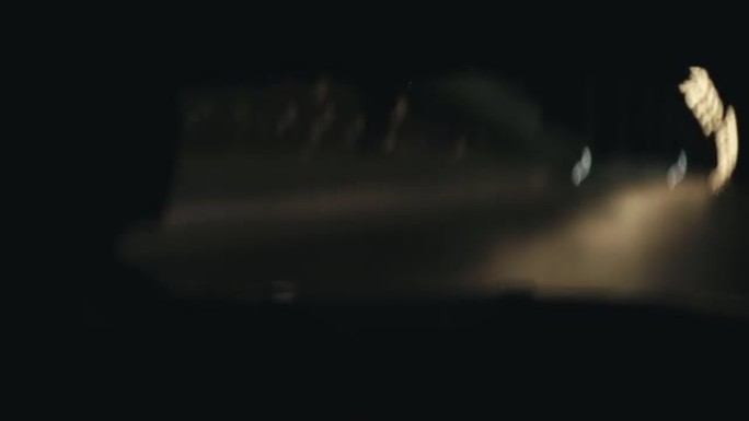 后座乘客POV跑车在夜间通过隧道行驶，驾驶员轮廓。强蓝光