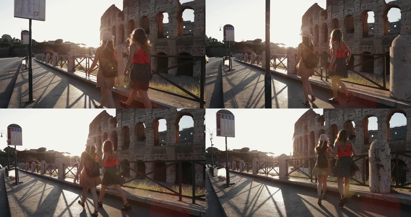 夏季在罗马的旅游女性: 终于可以在体育馆自由旅行了
