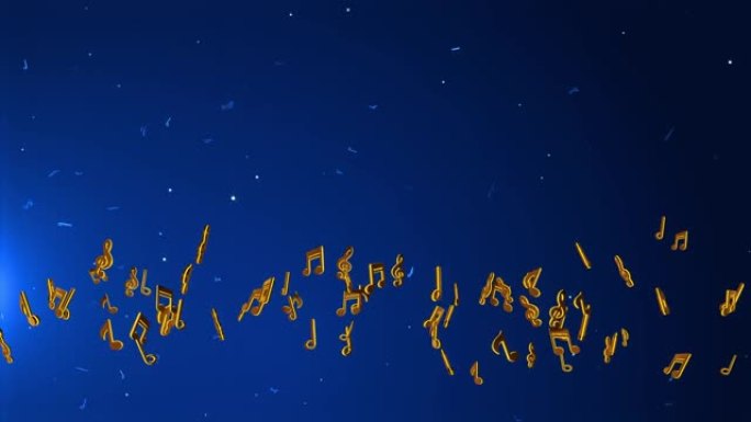 抽象的音符和符号漂浮在空中，流动的蓝色音符运动循环背景。