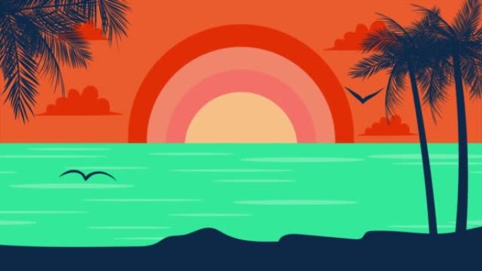 日出场景2D平面动画。
棕榈树在海上黎明。
抽象卡通背景。