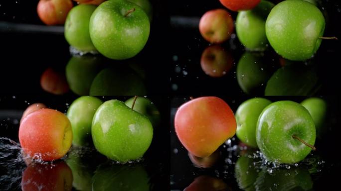 SLO MO苹果落在潮湿的表面上并在上面滚动