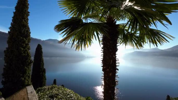 第一人称在阳光明媚的日子里，在山上有棕榈树的湖的镜头