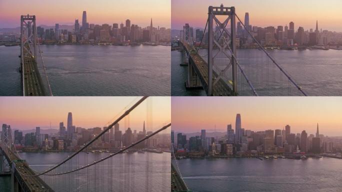 黄昏时沿旧金山-奥克兰海湾大桥的空中
