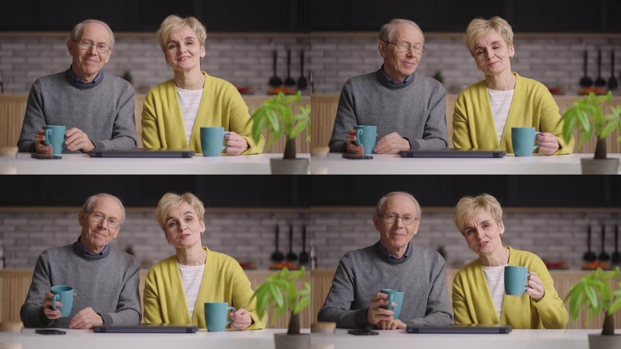 在线视频聊天概念，一对老配偶正在与相机交谈，在家庭厨房拍摄肖像