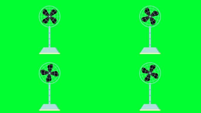台扇和台扇绿屏动画。炎热夏季的2d卡通基座粉丝动画。