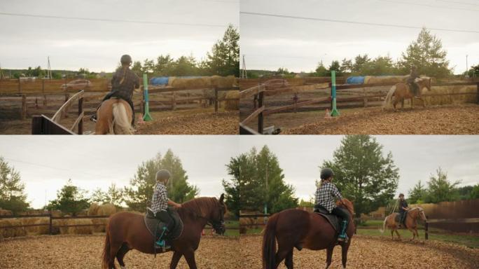 孩子们在小马俱乐部学习骑马，小女孩在骑马，在围场上课