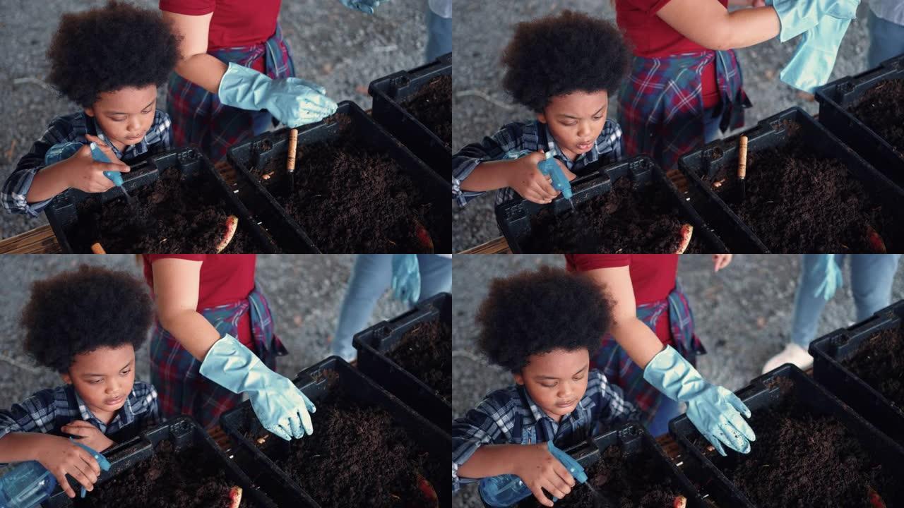 非洲男孩学习如何制作蚯蚓肥料