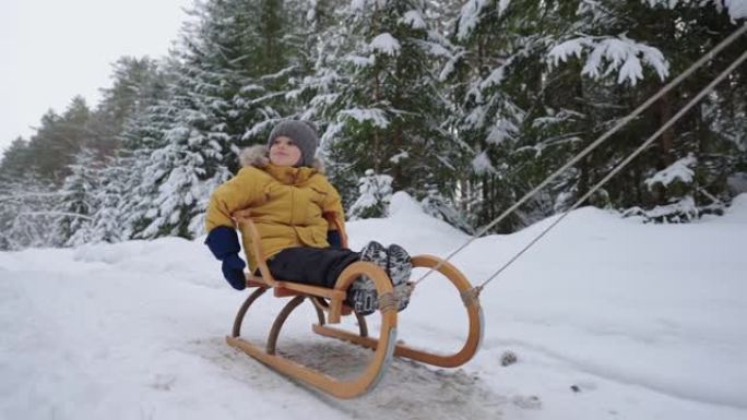 欢乐的小男孩冬天在白雪皑皑的森林里骑着雪橇，父母正在拉雪橇