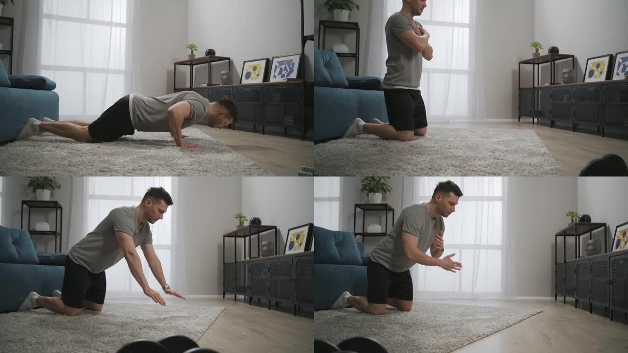 在客厅俯卧撑，年轻的运动型男子正在锻炼上半身，独自在公寓里训练，拉紧肌肉