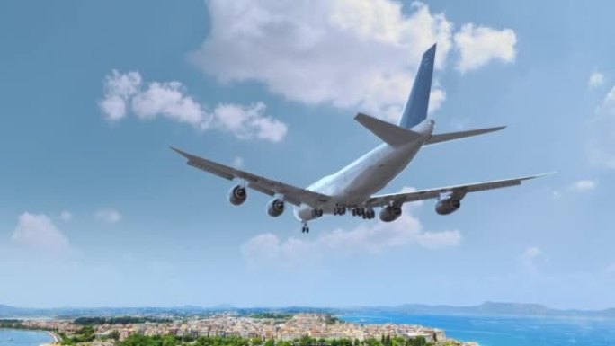 希腊克基拉科孚岛飞行和降落的客机。飞机概念