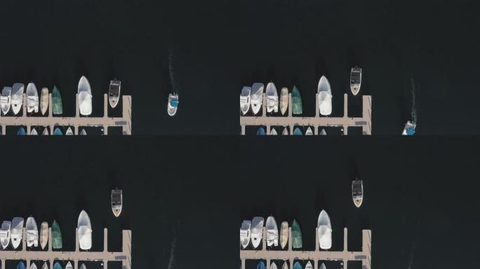 空中无人机拍摄了一艘停在码头的小船